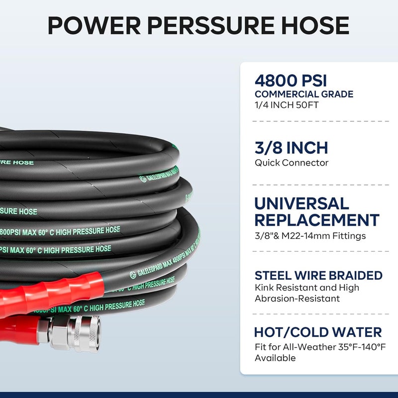 GALELEOPARD 3/8" Pressure Washer Hose 25FT 4800PSI with 3/8 Inch Quick Connect, Kink Resistant Industry Grade Steel Wire Braided, Wear Resistant Power Washer Hose with M22 14mm Adapter - Image 3